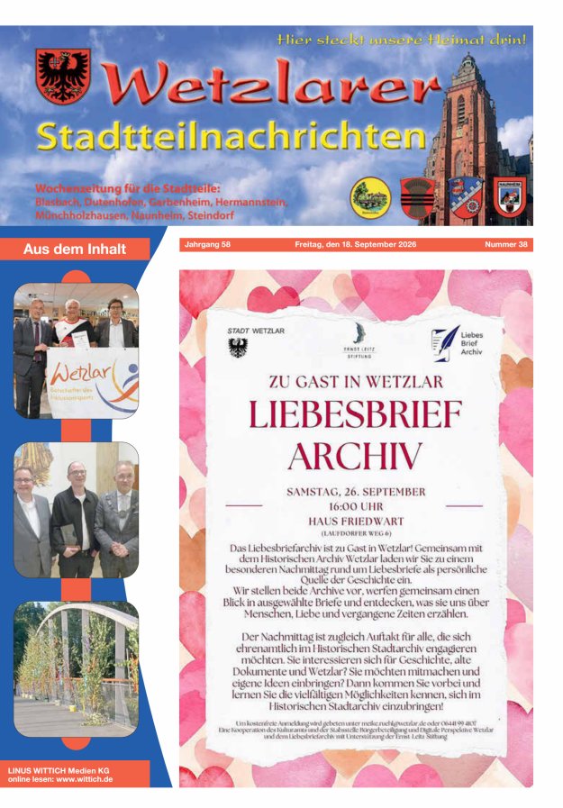 Wetzlarer Stadtteilnachrichten Titelblatt 38/2026