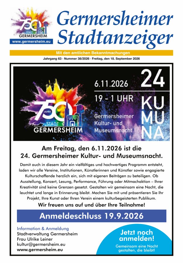 Germersheimer Stadtanzeiger Titelblatt 38/2026