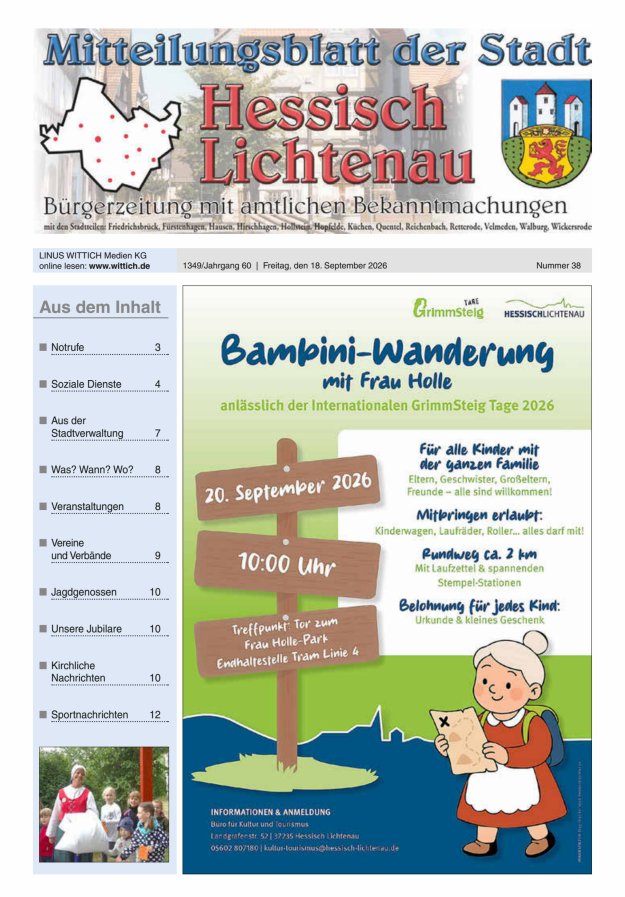 Mitteilungsblatt der Stadt Hess Lichtenau Titelblatt 38/2026