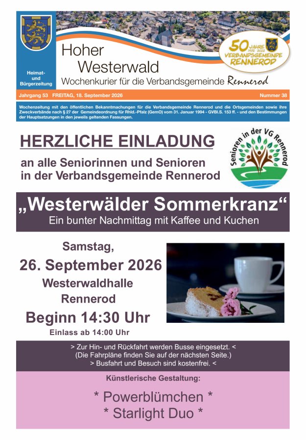 Hoher Westerwald - Wochenkurier für die Verbandsgemeinde Rennerod Titelblatt 38/2026