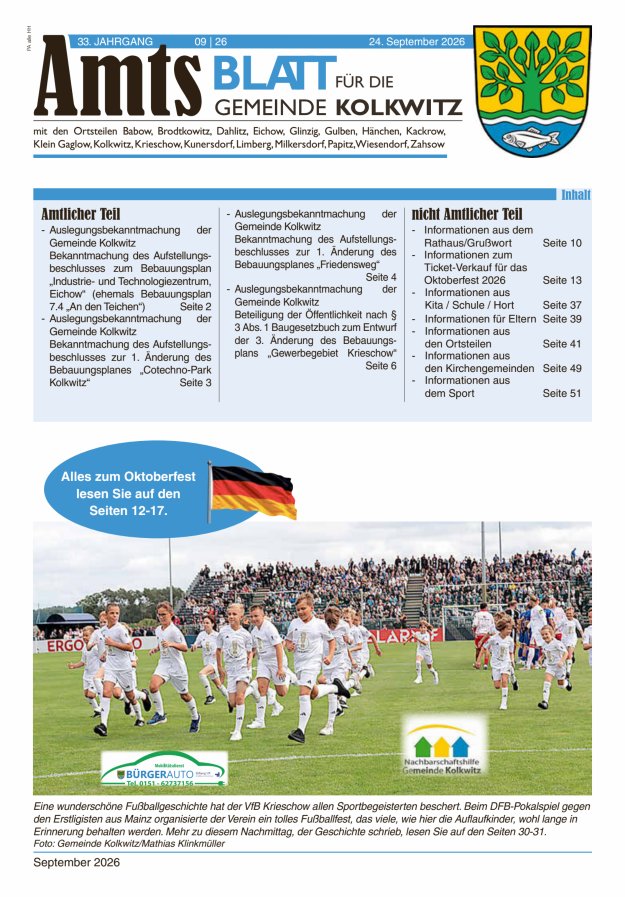 Amtsblatt für die Gemeinde Kolkwitz  Titelblatt 09/2026