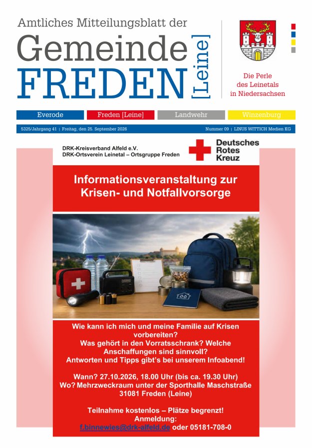 Amtliches Mitteilungsblatt der Samtgemeinde Freden (Leine) Titelblatt 09/2026