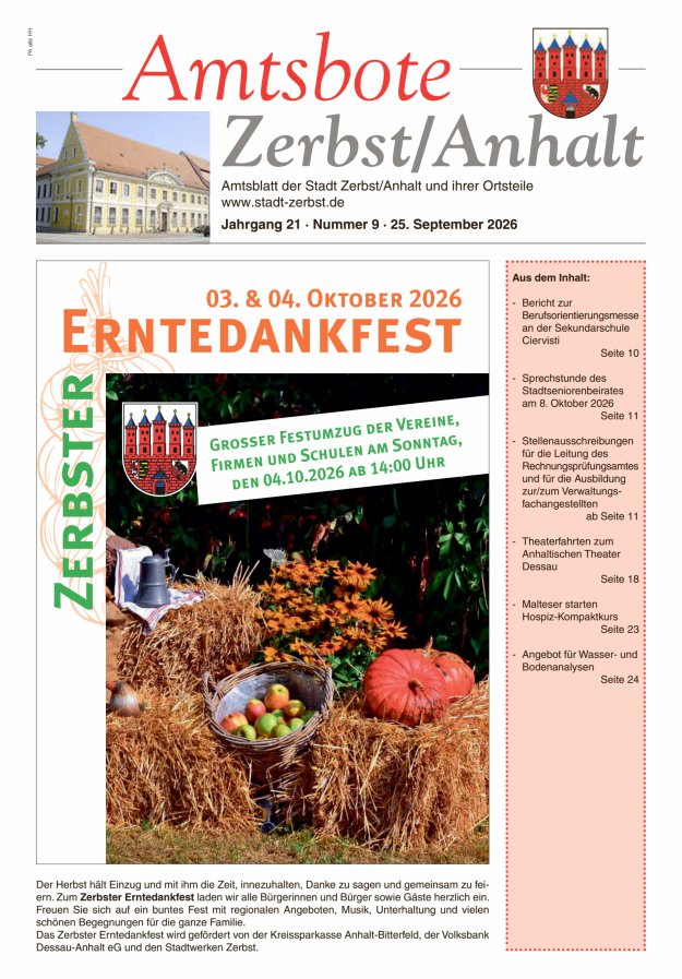 Amtsbote Zerbst/Anhalt – Amtsblatt der Stadt Zerbst/Anhalt und ihrer Ortsteile Titelblatt 09/2026