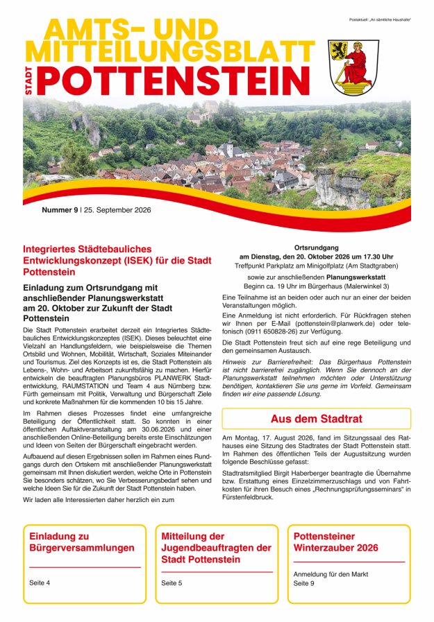 Amts- und Mitteilungsblatt der Stadt Pottenstein Titelblatt 09/2026