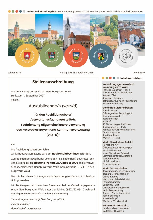 Amts- u Mitteilungsblatt der VG Neunburg vorm Wald u d Mitgliedsgemeinden Titelblatt 09/2026