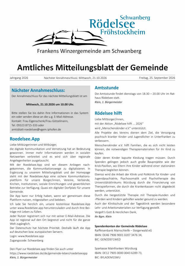Amtliches Mitteilungsblatt der Gemeinde Rödelsee Titelblatt 09/2026