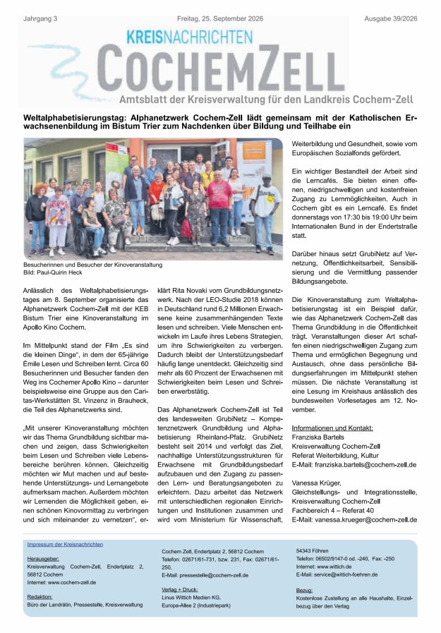 Kreisnachrichten Cochem-Zell Titelblatt 39/2026