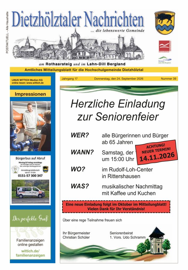 Dietzhölztaler Nachrichten Titelblatt 39/2026