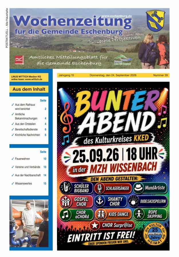 Wochenzeitung für die Gemeinde Eschenburg Titelblatt 39/2026