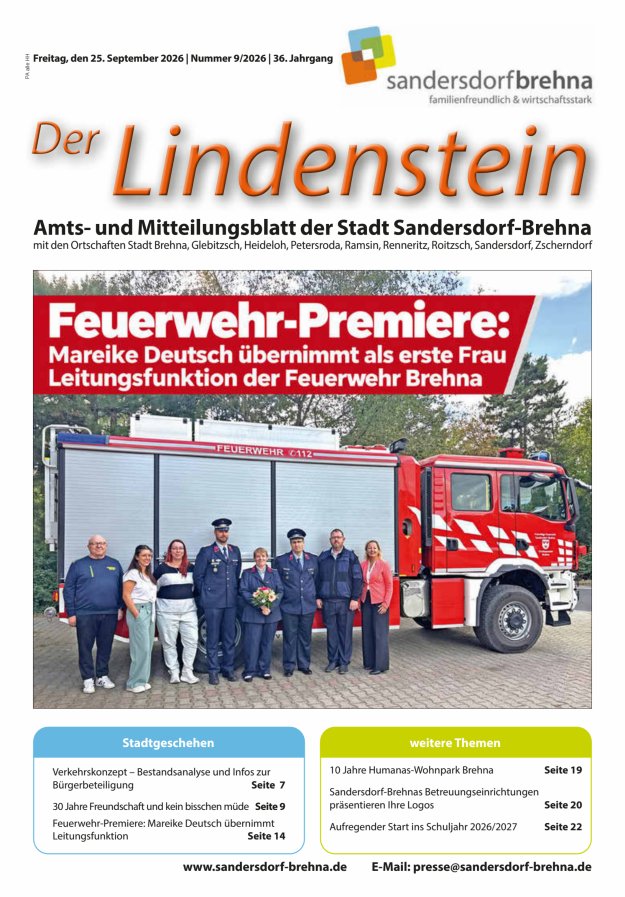 Der Lindenstein Amts- und Mitteilungsblatt der Stadt Sandersdorf-Brehna Titelblatt 09/2026