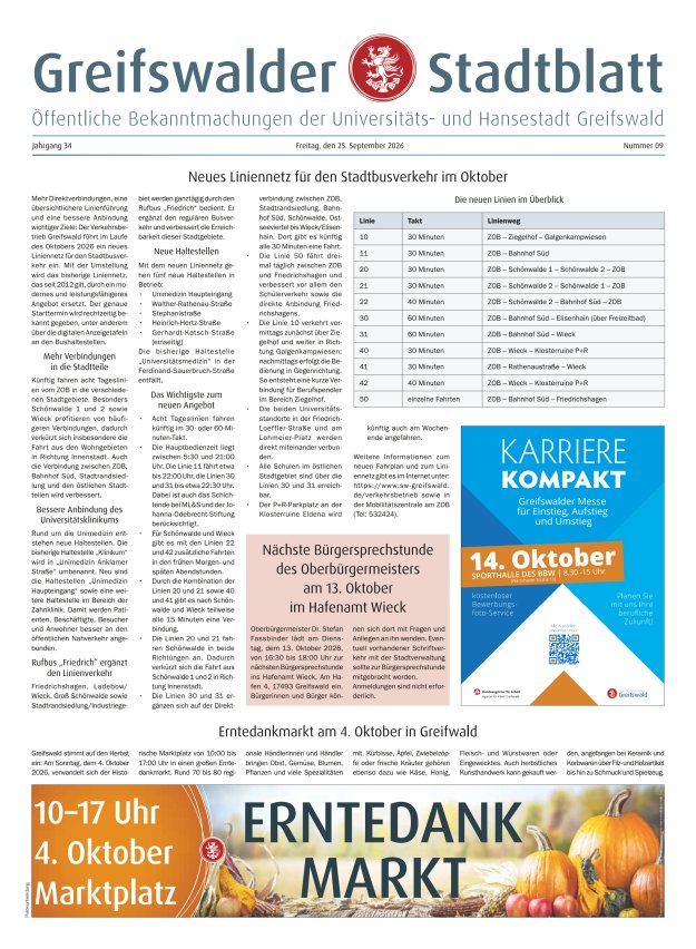 Greifswalder Stadtblatt Titelblatt 09/2026