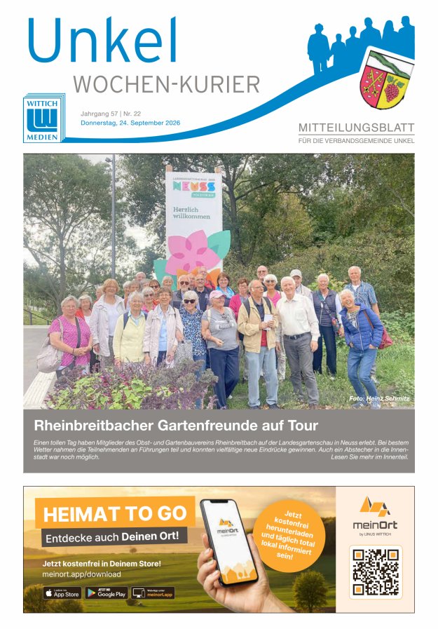 Wochen-Kurier Verbandsgemeinde Unkel Titelblatt 22/2026