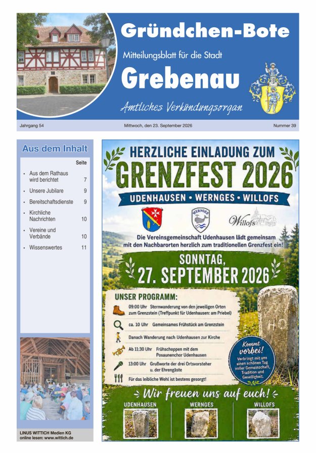 Grebenau - Gründchen Bote - Mitteilungsblatt für die Stadt Grebenau Titelblatt 39/2026