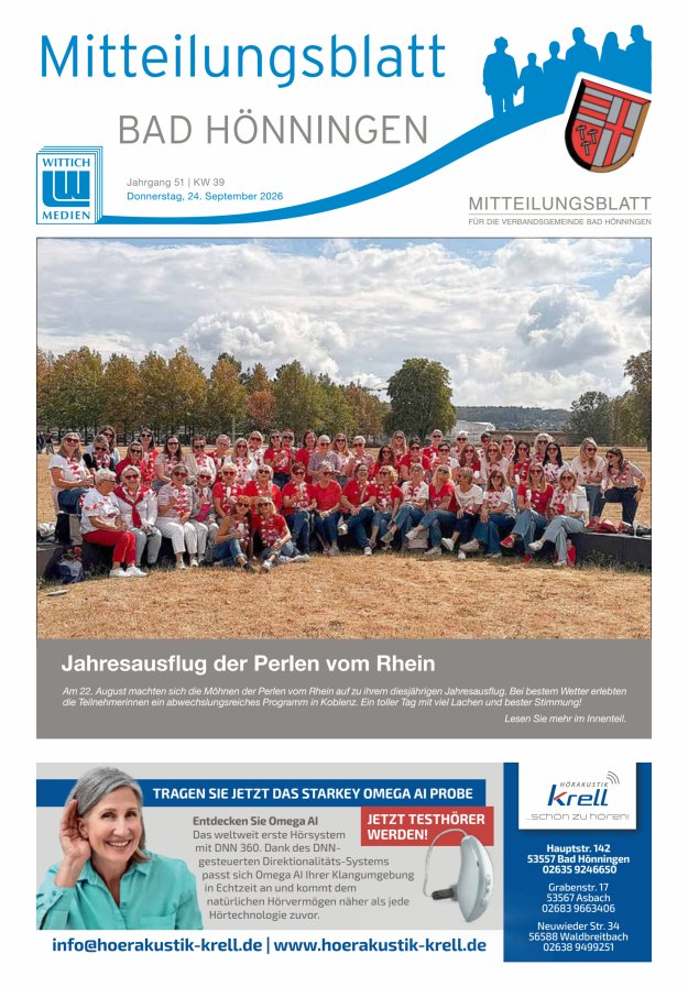 Mitteilungsblatt für den Bereich der Verbandsgemeinde Bad Hönningen Titelblatt 39/2026