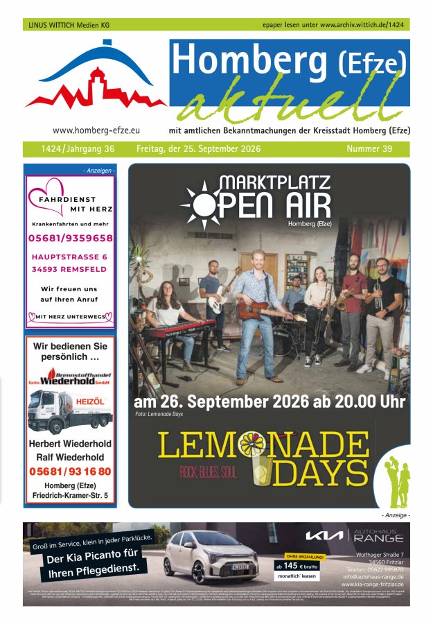 Homberg Efze aktuell Titelblatt 39/2026