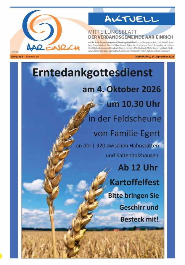 Mitteilungsblatt der Verbandsgemeinde Aar-Einrich Ausgabe Hahnstätten Titelblatt 39/2026