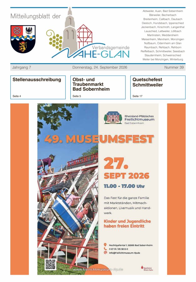 Mitteilungsblatt für die Verbandsgemeinde Nahe-Glan Titelblatt 39/2026