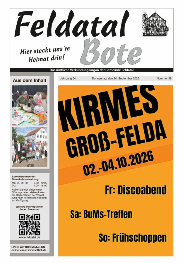 Das Amtliche Verkündungsorgan der Gemeinde Feldatal Titelblatt 39/2026