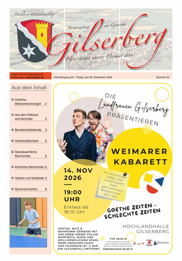Hochland Mitteilungsblatt Gilserberg Titelblatt 39/2026