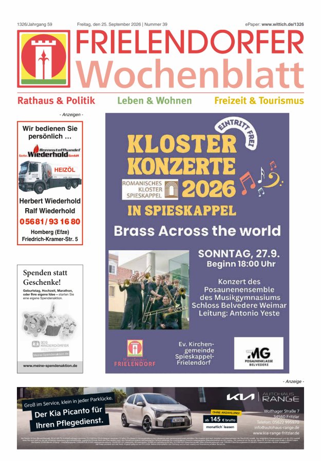 Frielendorfer Wochenblatt Titelblatt 39/2026