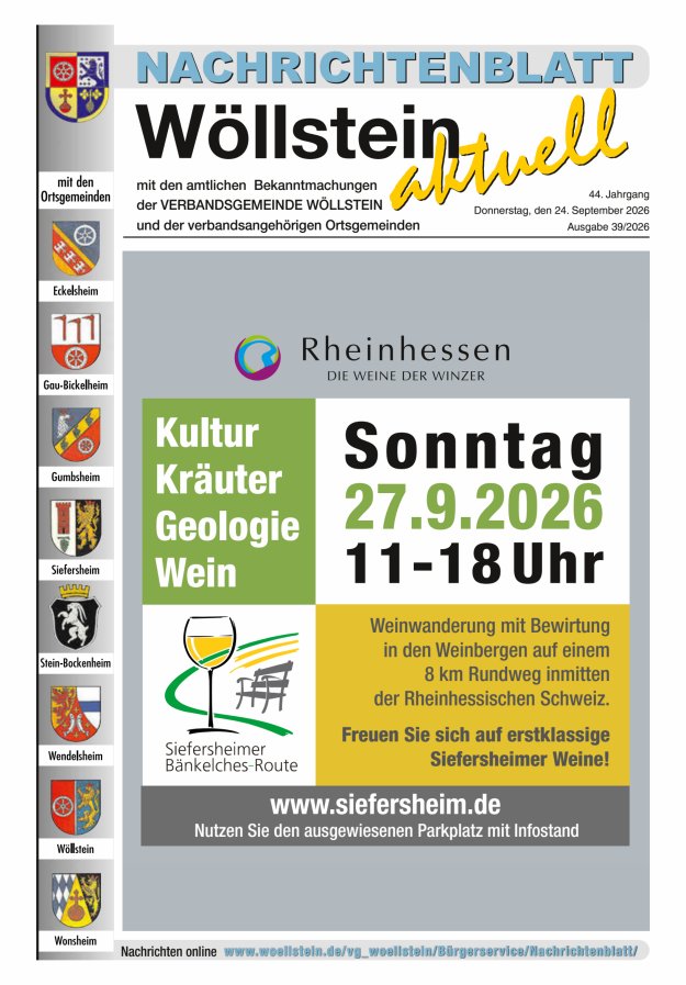 Nachrichtenblatt Wöllstein aktuell Titelblatt 39/2026