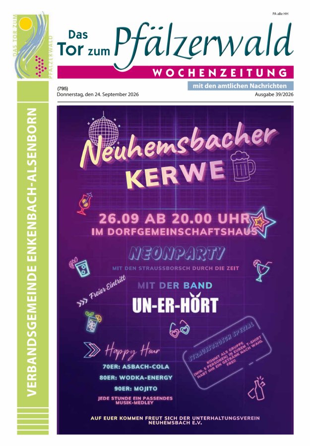 Das Tor zum Pfälzer Wald - VG Enkenbach-Alsenborn Titelblatt 39/2026