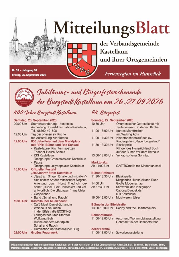 Mitteilungsblatt Kastellaun Titelblatt 39/2026