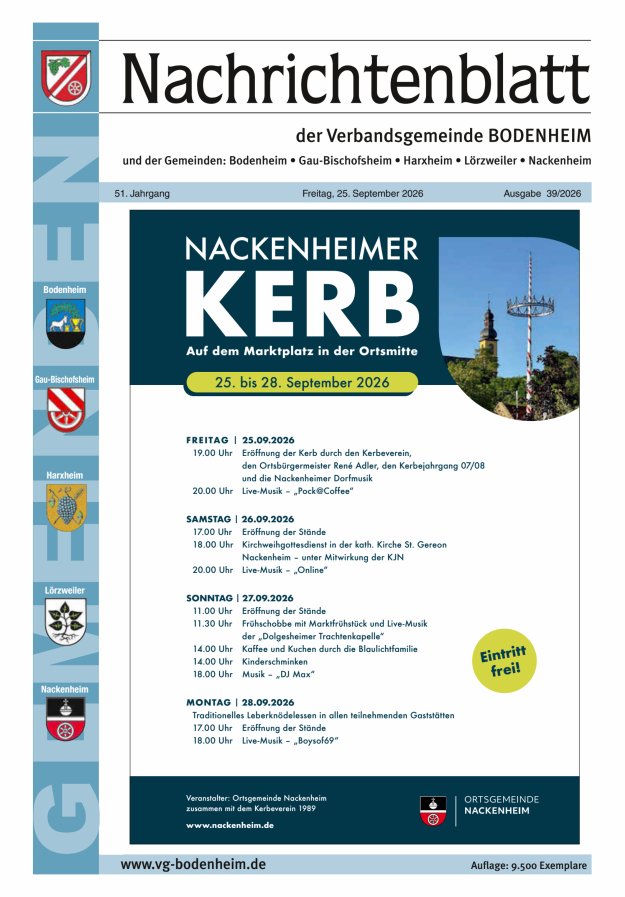 Nachrichtenblatt der VG Bodenheim              Titelblatt 39/2026