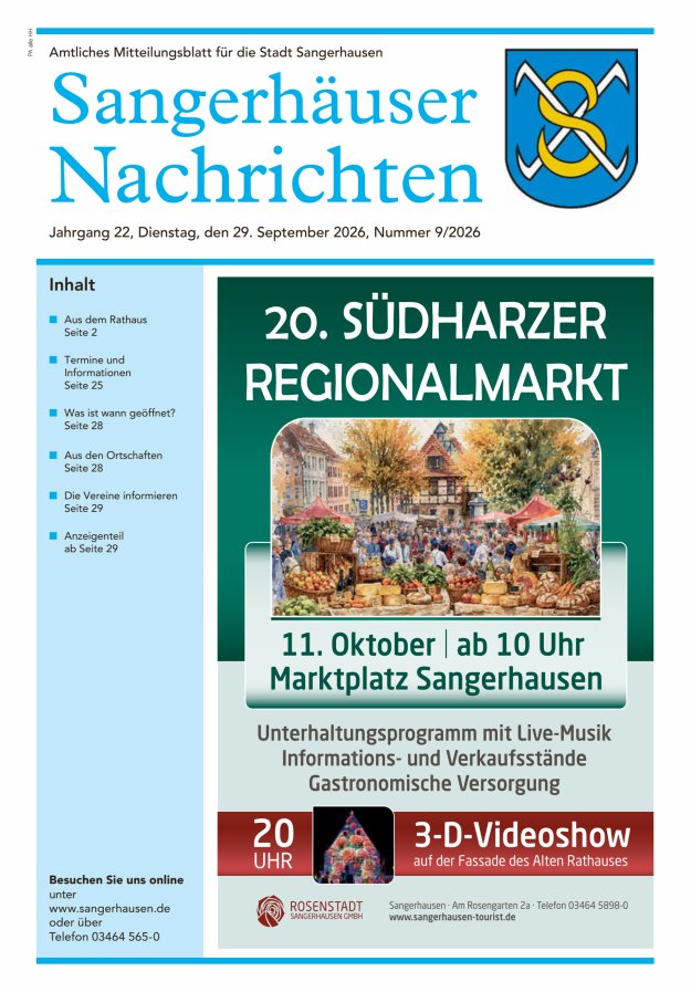 Sangerhäuser Nachrichten – Amtliches Mitteilungsblatt für die Stadt Sangerhausen Titelblatt 09/2026
