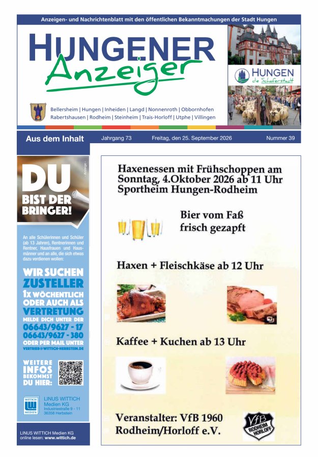 Anzeigen- und Nachrichtenblatt mit den öff  Bekanntmachungen der Stadt Hungen Titelblatt 39/2026