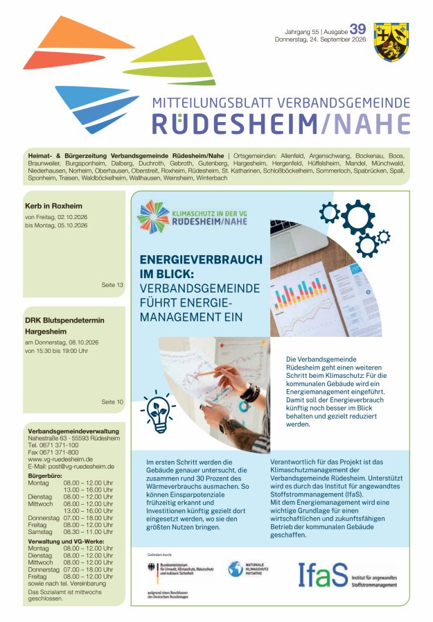 Mitteilungsblatt Verbandsgemeinde Rüdesheim und zugehörige Ortsgemeinden Titelblatt 39/2026
