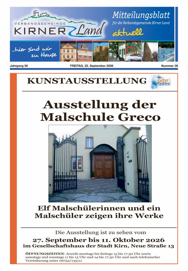 Mitteilungsblatt für den Bereich der Verbandsgemeinde Kirner Land Titelblatt 39/2026