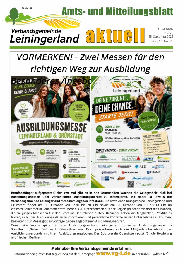 VG Leiningerland aktuell Titelblatt 39/2026