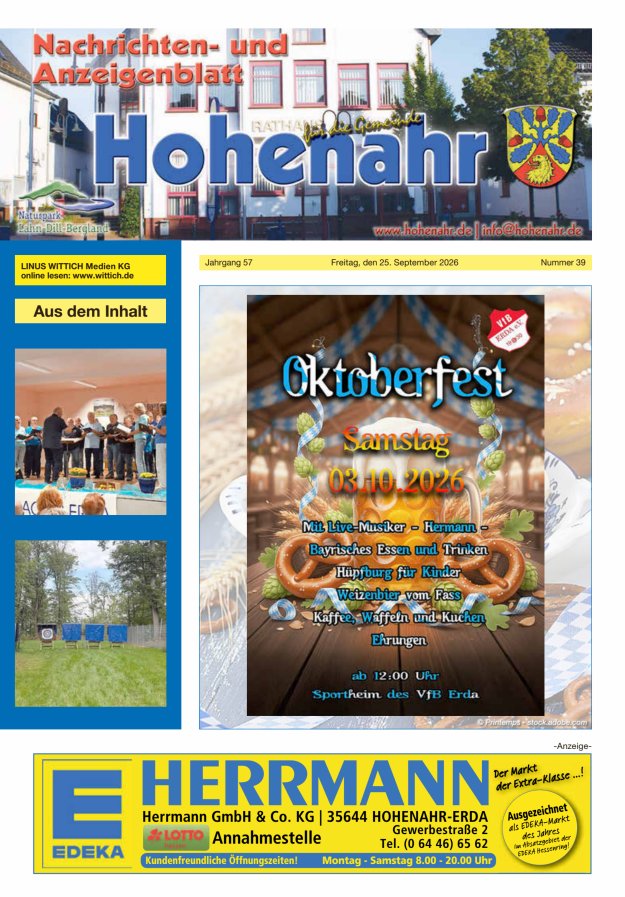 Nachrichten- und Anzeigenblatt für die Gemeinde Hohenahr Titelblatt 39/2026