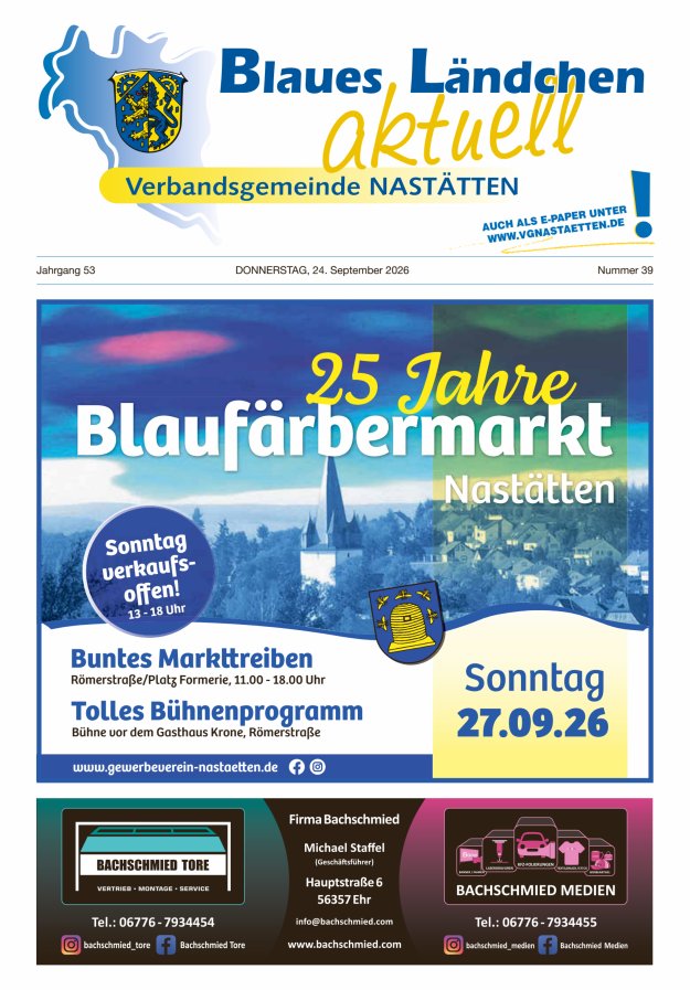 Blaues Ländchen aktuell - Heimat- u Bürgerzeitung VG Nastätten Titelblatt 39/2026