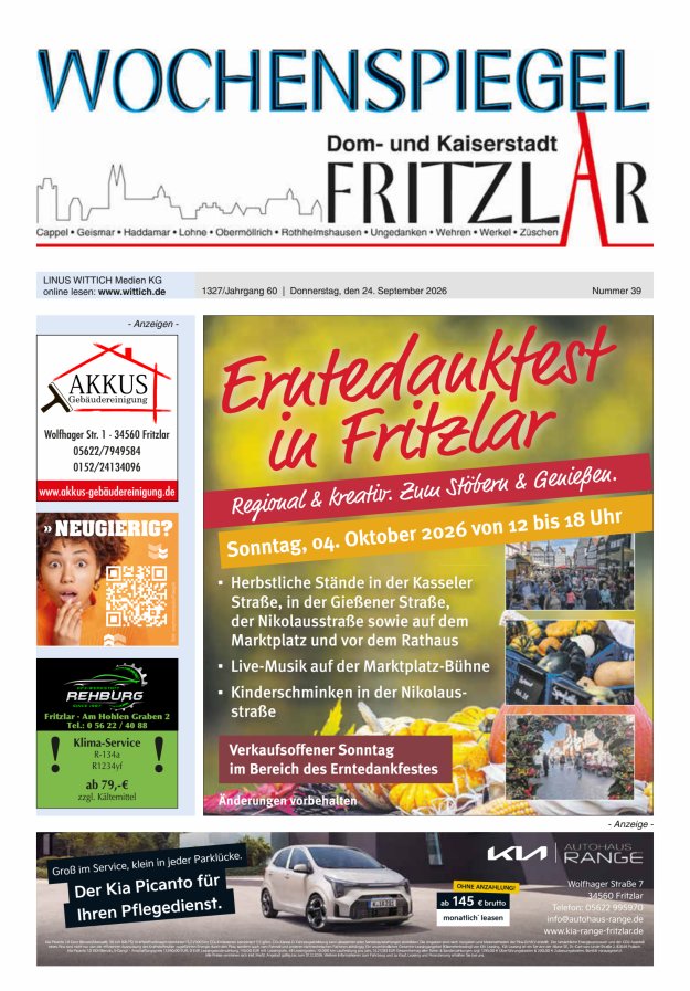 Wochenspiegel Dom- und Kaiserstadt Fritzlar Titelblatt 39/2026