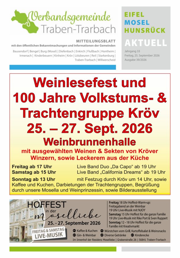 Eifel-Mosel-Hunsrück aktuell VG Traben-Trarbach Titelblatt 39/2026