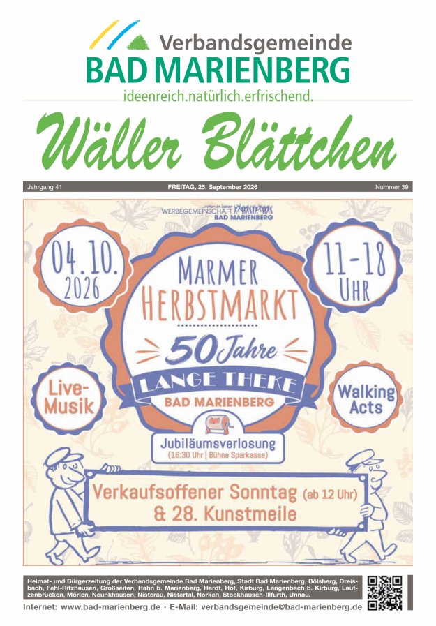 Wäller Blättchen - Verbandsgemeinde Bad Marienberg Titelblatt 39/2026