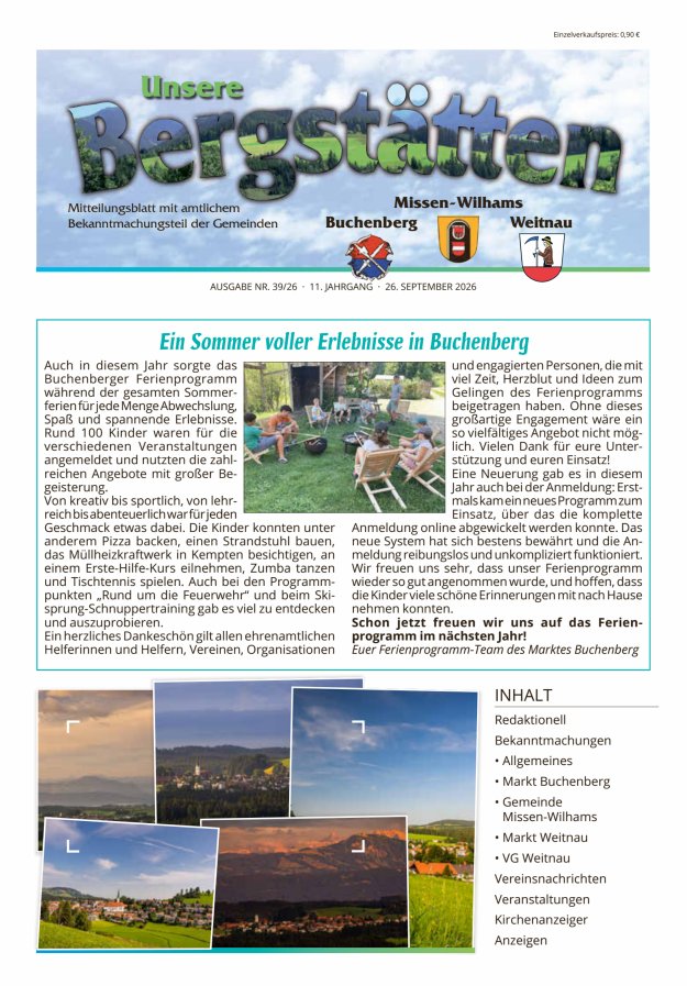 Unsere Bergstätten Mitteilungsblatt mit amtlichem Bekanntmachungsteil Titelblatt 39/2026