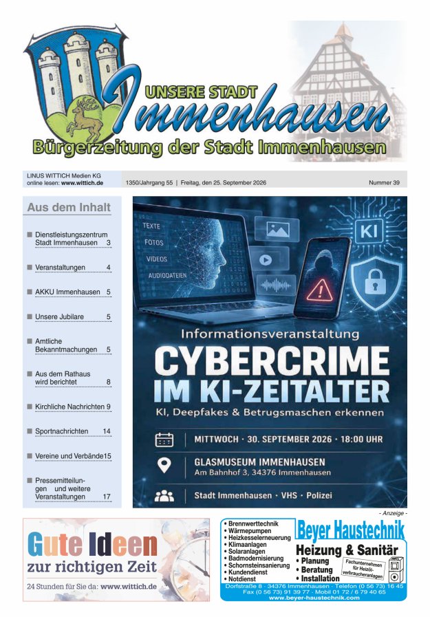 Unsere Stadt Immenhausen Titelblatt 39/2026