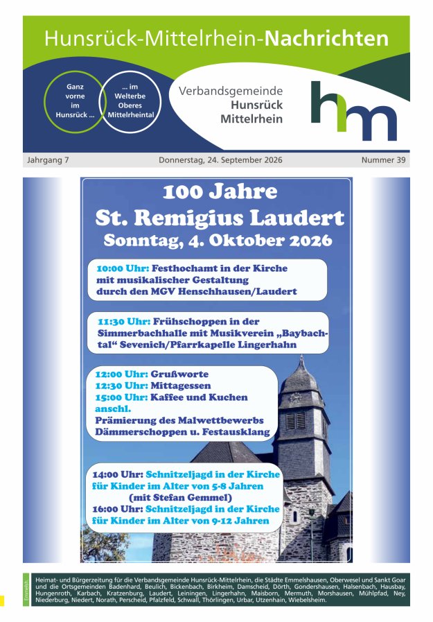 Hunsrück-Mittelrhein Nachrichten Ausgabe Emmelshausen Titelblatt 39/2026