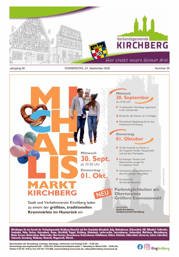 Mitteilungen der Verbandsgemeinde Kirchberg Hunsrück Titelblatt 39/2026