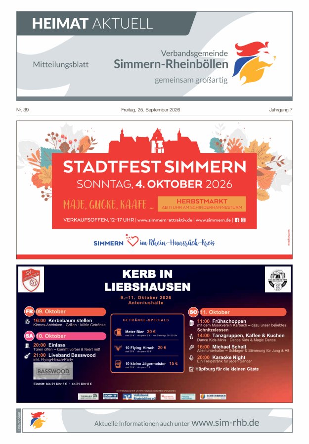 Heimat Aktuell Mitteilungsblatt der VG Simmern-Rheinböllen-Ausg Rheinböllen Titelblatt 38/2026