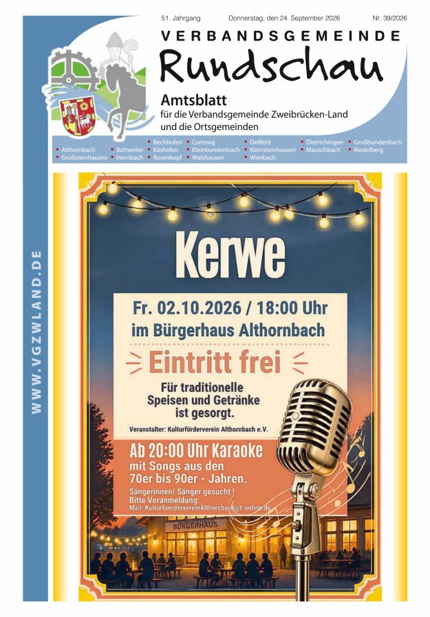Verbandsgemeinde Rundschau Zweibrücken-Land Titelblatt 39/2026