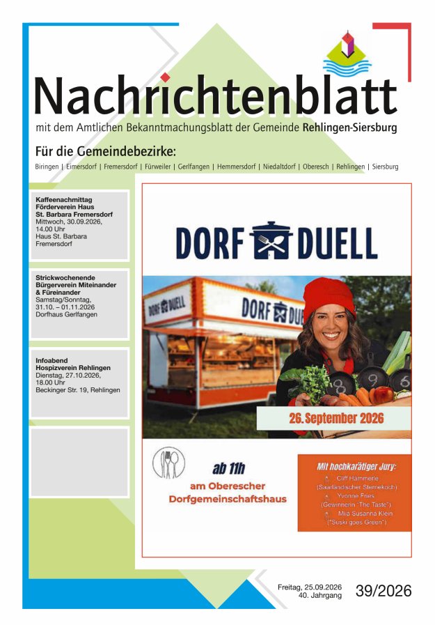 Nachrichtenblatt Rehlingen-Siersburg Titelblatt 39/2026