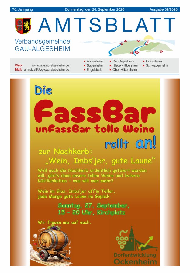 Amtsblatt der VG Gau-Algesheim Titelblatt 39/2026