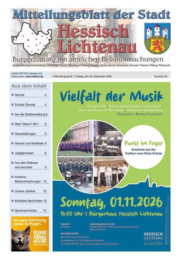 Mitteilungsblatt der Stadt Hess Lichtenau Titelblatt 39/2026