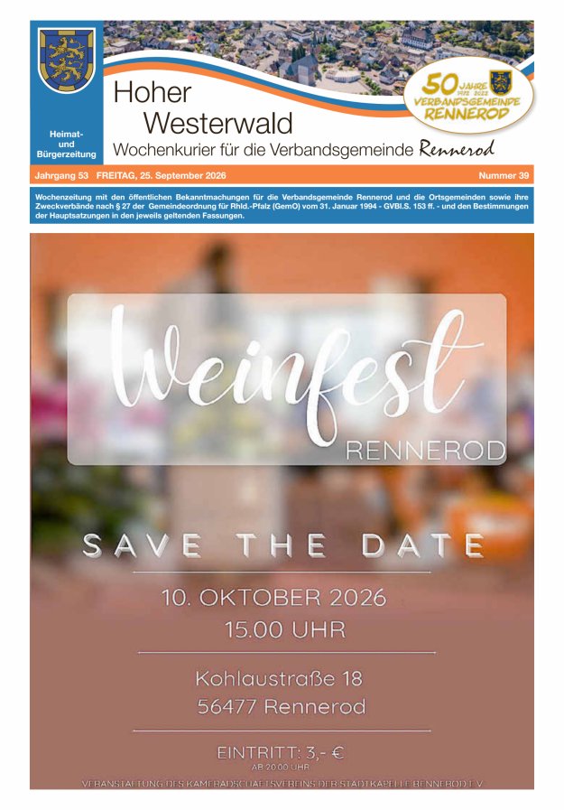 Hoher Westerwald - Wochenkurier für die Verbandsgemeinde Rennerod Titelblatt 39/2026