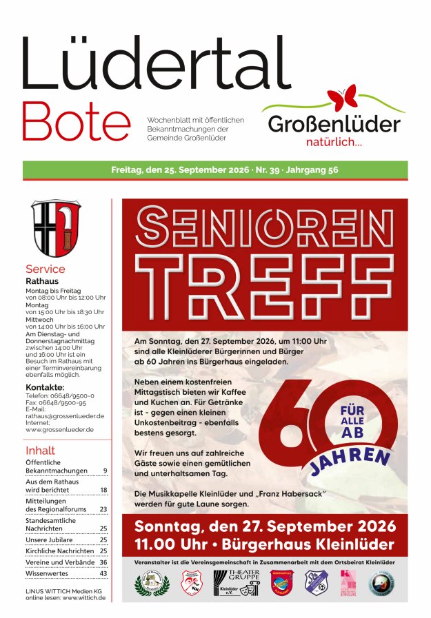 Wochenblatt mit öffentlichen Bekanntmachungen der Gemeinde Großenlüder Titelblatt 39/2026