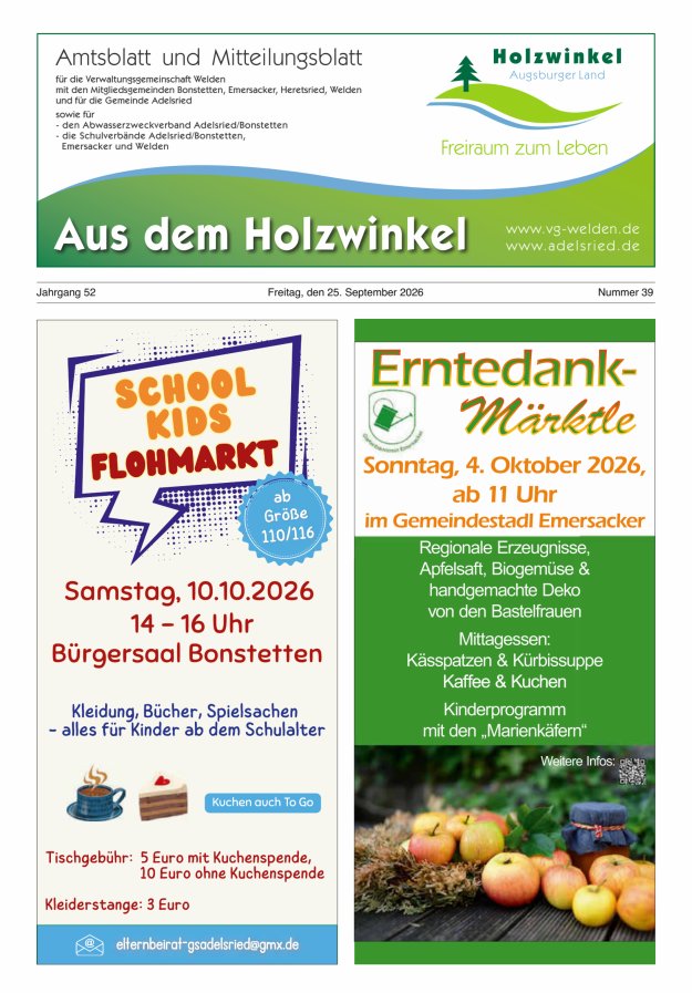 Aus dem Holzwinkel Amtsblatt u Mitteilungsblatt f VG Welden u GemAdelsried Titelblatt 39/2026